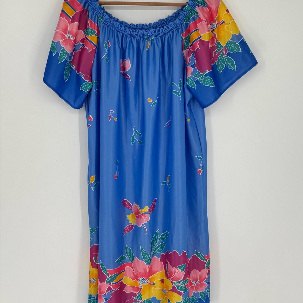 VTG Granada MuuMuu Blue Floral Patio House Dress Women’s Size Large USA J6